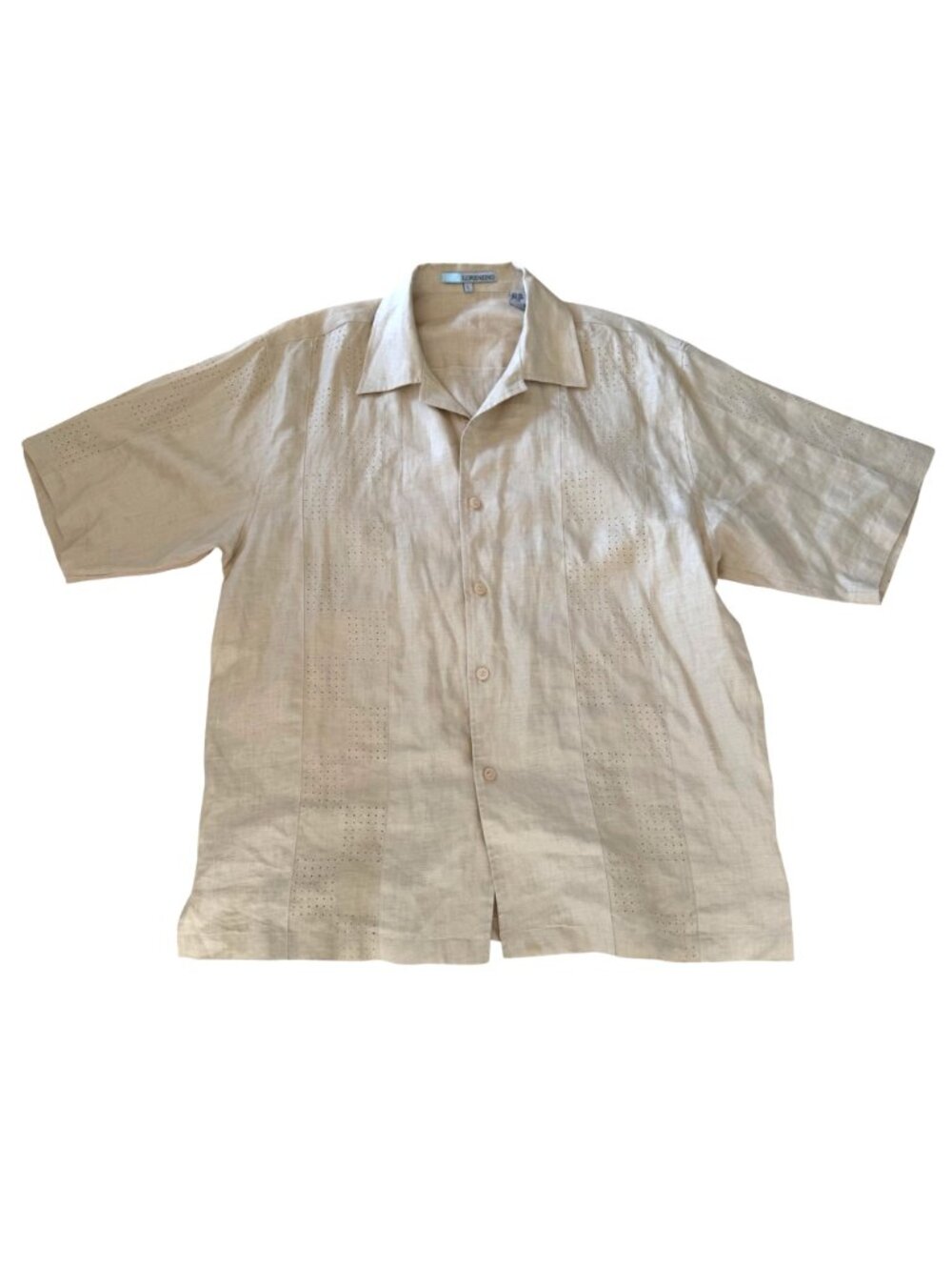 LorenZino Men's Button Front Shirt Size L Beige Linen Guayabera Short Sleeve